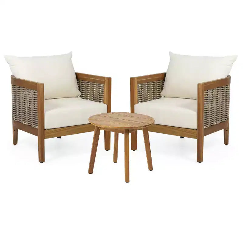Christopher Knight Home Burchett 3 Piece Patio Acacia Wood and Faux Rattan Chat Set with Cushions