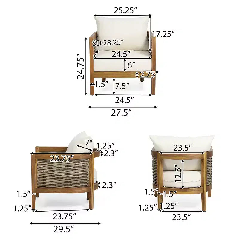 Christopher Knight Home Burchett Ensemble de conversation 3 pièces pour patio en bois d'acacia et rotin synthétique avec coussins
