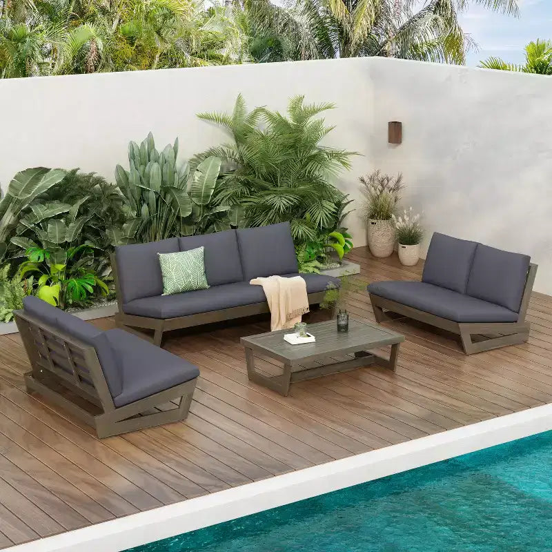 Christopher Knight Home Uland Outdoor Slat Design Acacia Wood 7 Seater Seating Set with Cushions