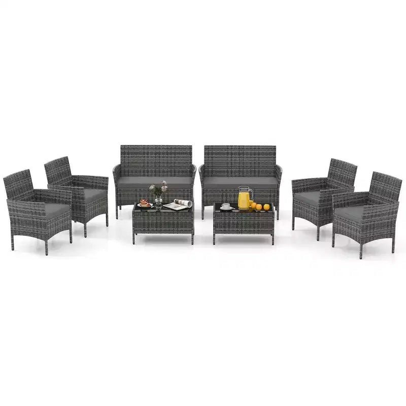 Ensemble de mobilier de patio Costway 8 pièces avec coussins lavables et table basse en verre trempé