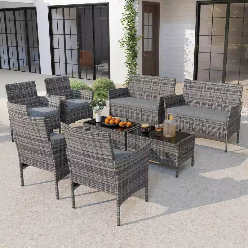 Ensemble de mobilier de patio Costway 8 pièces avec coussins lavables et table basse en verre trempé