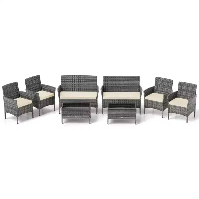 Ensemble de mobilier de patio Costway 8 pièces avec coussins lavables et table basse en verre trempé