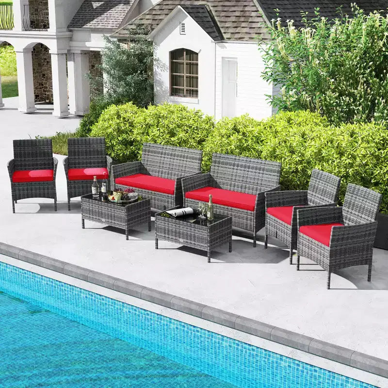 Ensemble de mobilier de patio Costway 8 pièces avec coussins lavables et table basse en verre trempé