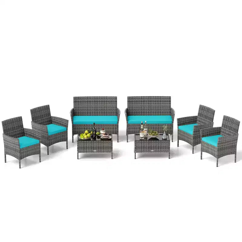 Ensemble de mobilier de patio Costway 8 pièces avec coussins lavables et table basse en verre trempé