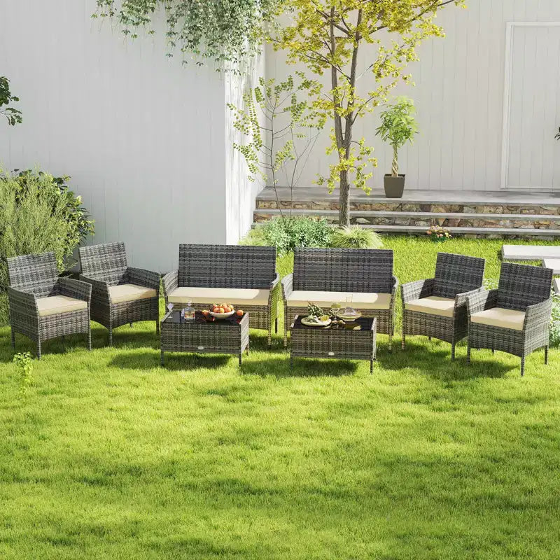 Ensemble de mobilier de patio Costway 8 pièces avec coussins lavables et table basse en verre trempé