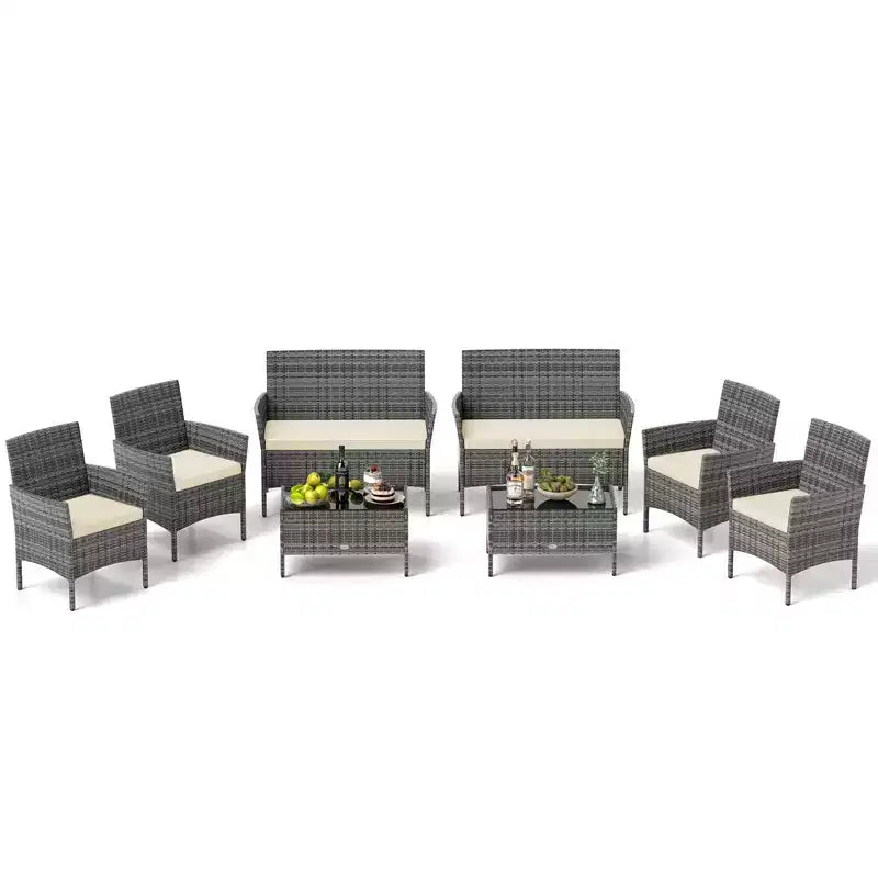 Ensemble de mobilier de patio Costway 8 pièces avec coussins lavables et table basse en verre trempé