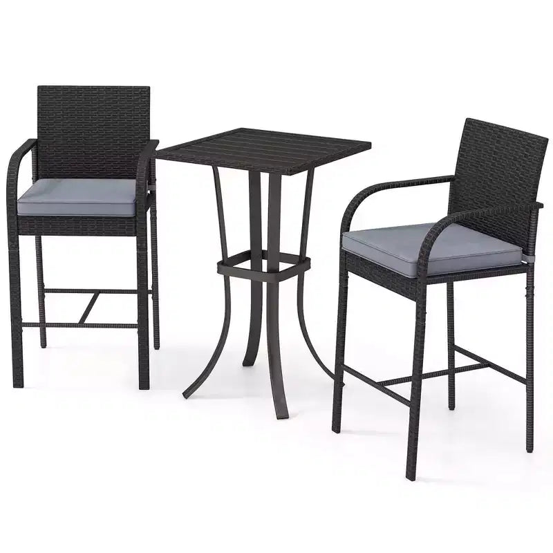 Costway Ensemble de 3 Meubles de Bar de Jardin en Rotin Chaises & Table Carrée avec Cadre Métallique Robuste