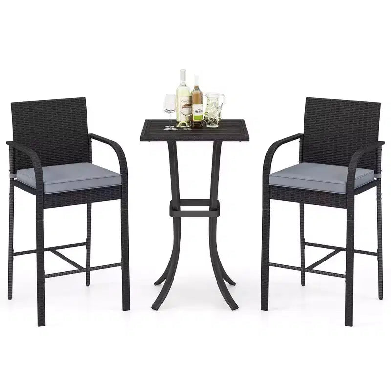 Costway Ensemble de 3 Meubles de Bar de Jardin en Rotin Chaises & Table Carrée avec Cadre Métallique Robuste