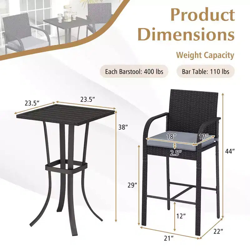 Costway Ensemble de 3 Meubles de Bar de Jardin en Rotin Chaises & Table Carrée avec Cadre Métallique Robuste