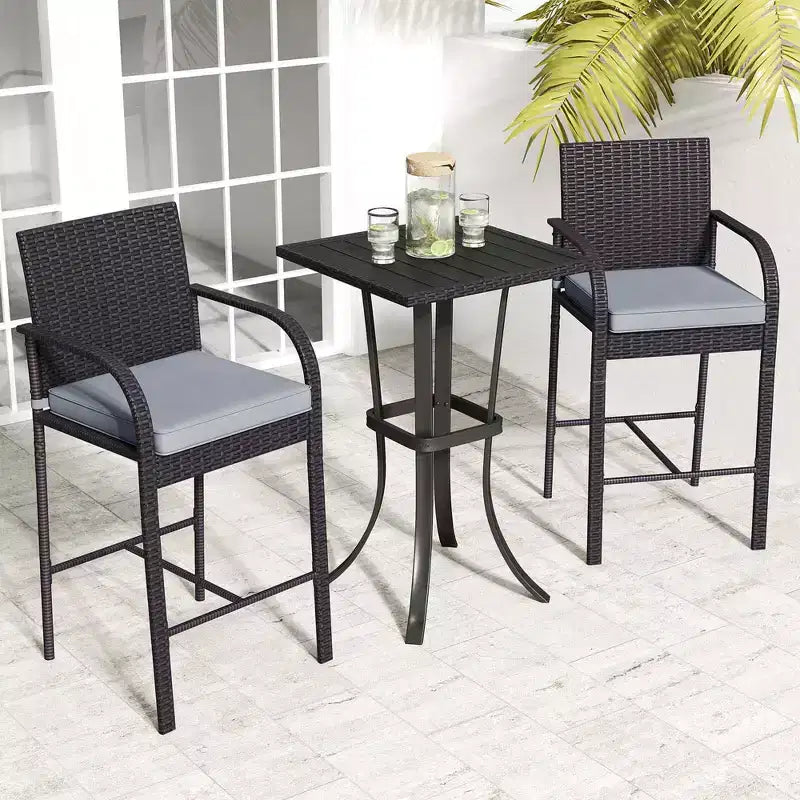 Costway Ensemble de 3 Meubles de Bar de Jardin en Rotin Chaises & Table Carrée avec Cadre Métallique Robuste