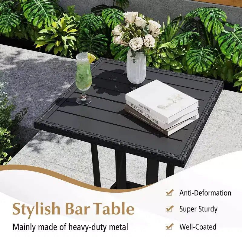 Costway Ensemble de 3 Meubles de Bar de Jardin en Rotin Chaises & Table Carrée avec Cadre Métallique Robuste