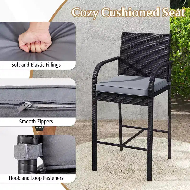 Costway Ensemble de 3 Meubles de Bar de Jardin en Rotin Chaises & Table Carrée avec Cadre Métallique Robuste