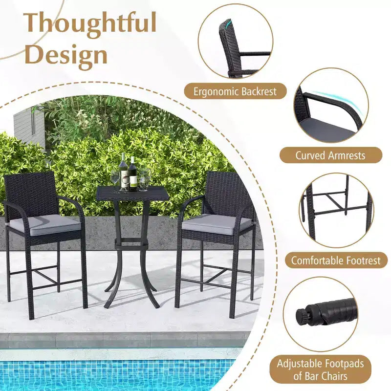 Costway Ensemble de 3 Meubles de Bar de Jardin en Rotin Chaises & Table Carrée avec Cadre Métallique Robuste