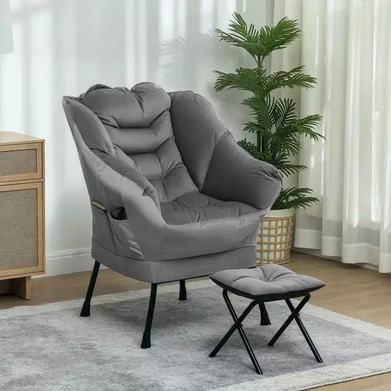 HOMCOM Fauteuil relax avec ottoman, Fauteuil de salon rembourré en tissu avec accoudoirs et poches latérales