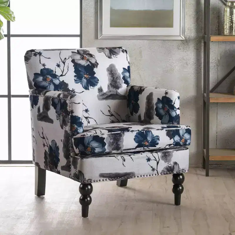 GDFStudio Eve - Fauteuil club d'appoint contemporain en tissu avec clous décoratifs, imprimé floral