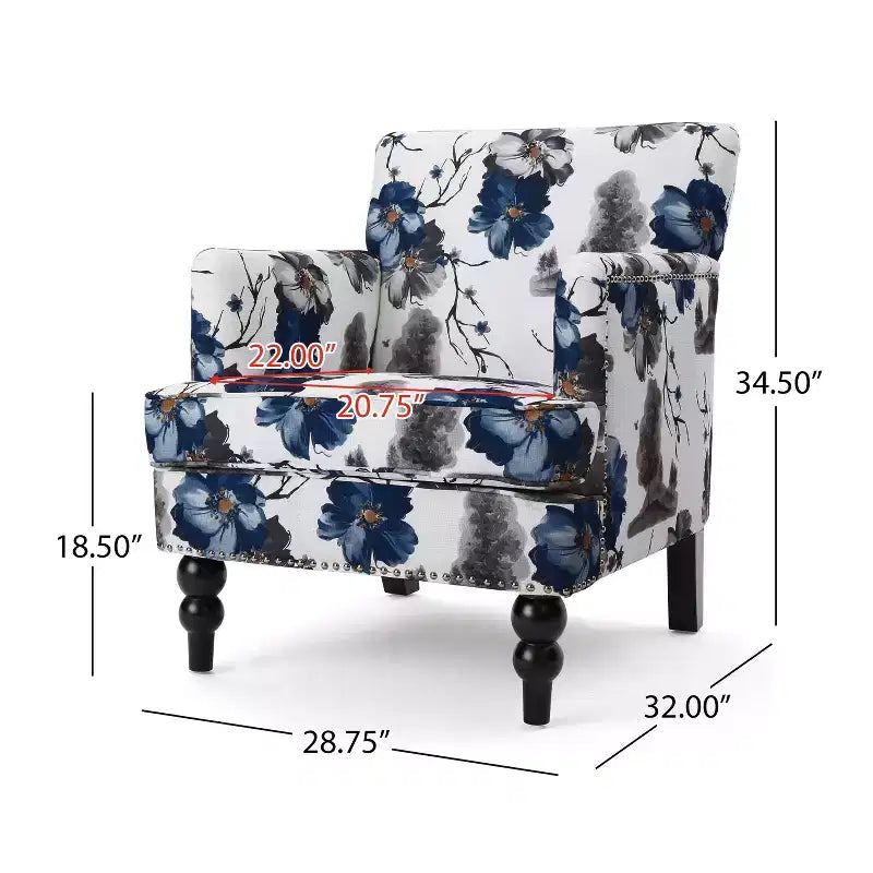 GDFStudio Eve - Fauteuil club d'appoint contemporain en tissu avec clous décoratifs, imprimé floral