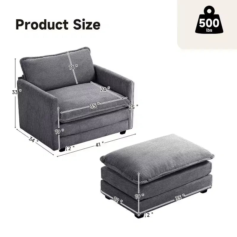 41.34 Fauteuil d'appoint surdimensionné en velours côtelé, Fauteuil-canapé avec ottoman et assise large, Fauteuil de lecture moderne pour chambre et salon
