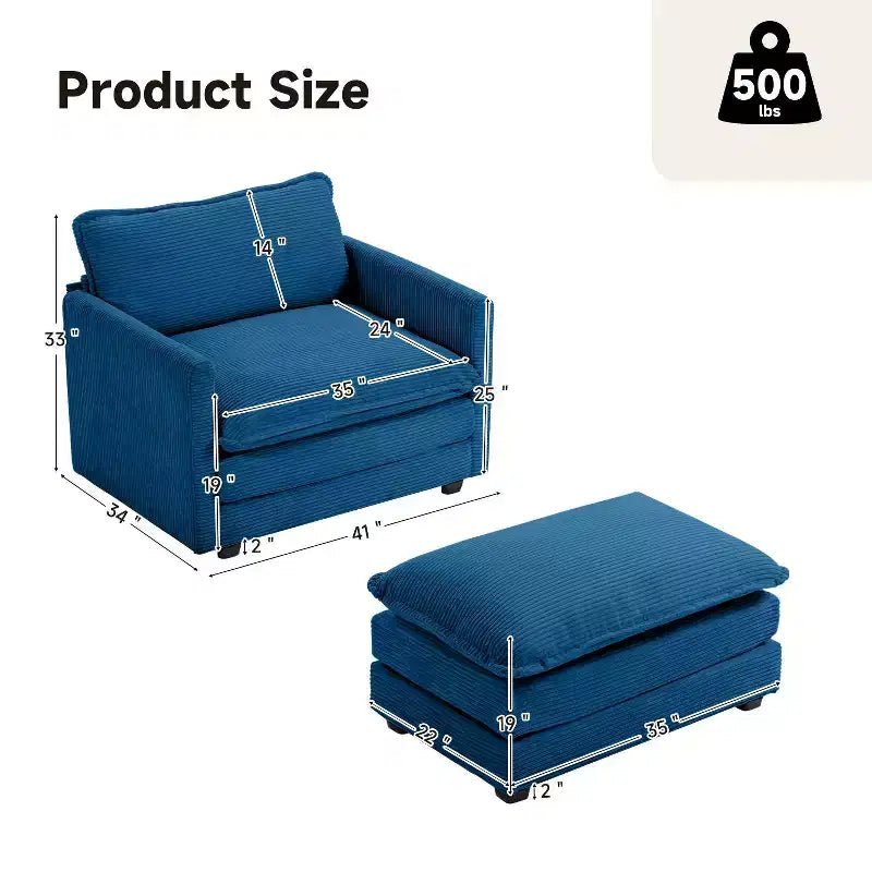 41.34 Fauteuil d'appoint surdimensionné en velours côtelé, Fauteuil-canapé avec ottoman et assise large, Fauteuil de lecture moderne pour chambre et salon