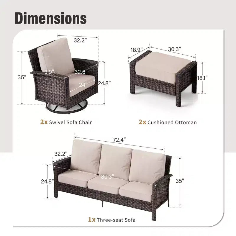 Captiva Designs Ensemble de conversation 5 pièces en rotin pour patio et jardin avec canapé surdimensionné et ottomans