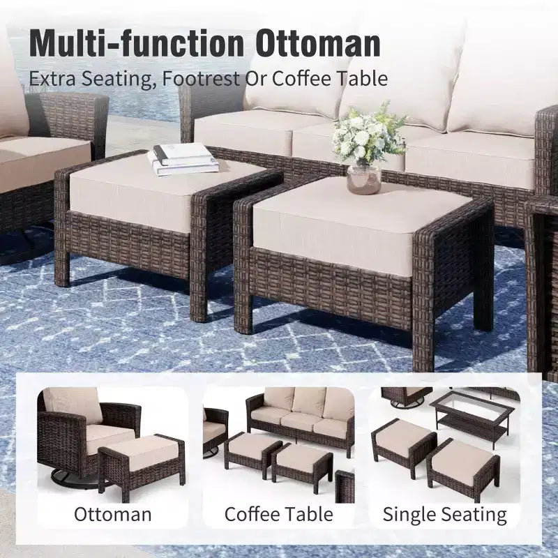 Captiva Designs Ensemble de conversation 5 pièces en rotin pour patio et jardin avec canapé surdimensionné et ottomans