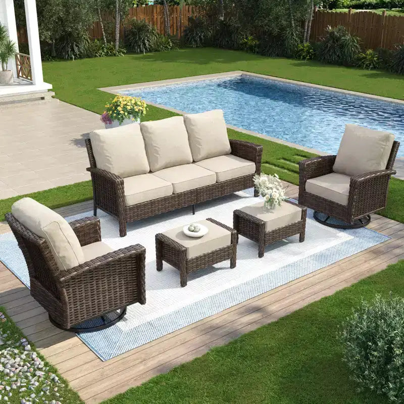 Captiva Designs 5PC Oversized Patio Outdoor Wicker Furniture Conversation Sofa Set with Ottomans for Garden Yard Porch