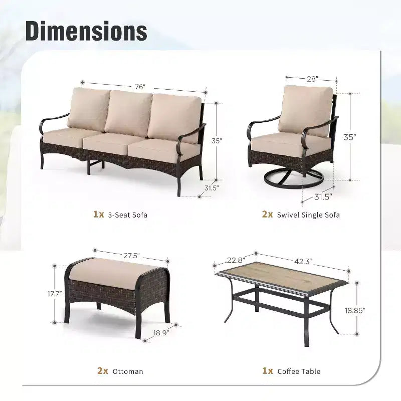 Captiva Designs Salon de jardin 6 pièces extra large en métal et rotin avec table, fauteuils pivotants et ottomane