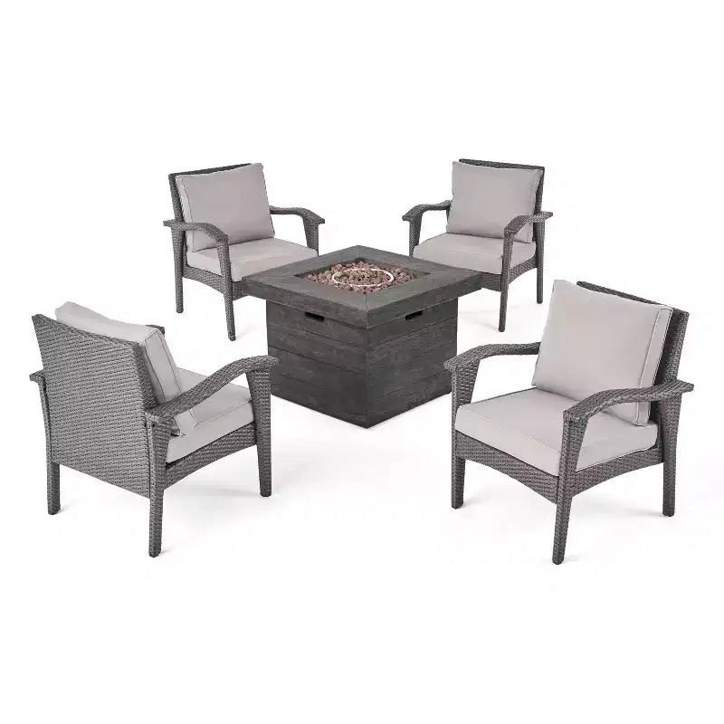 GDFStudio Rocco Outdoor Wicker 5 Piece Club Chair and Fire Pit Set with Cushions