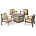 GDFStudio Barstow Outdoor Wicker 5 Piece Club Chair and Fire Pit Set with Cushions