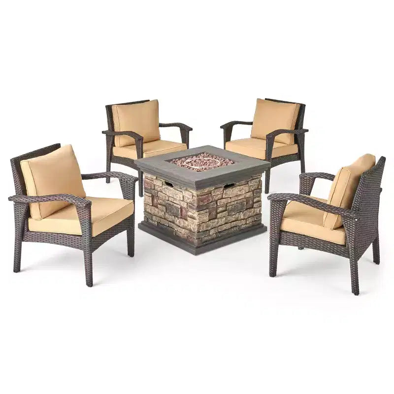 GDFStudio Barstow Outdoor Wicker 5 Piece Club Chair and Fire Pit Set with Cushions