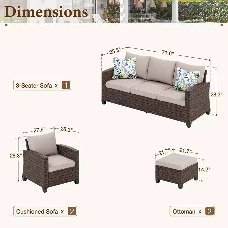 Captiva Designs Ensemble de conversation 5 pièces en rotin tressé pour terrasse extérieure avec chaises rembourrées pour jardin, bord de piscine, arrière-cour