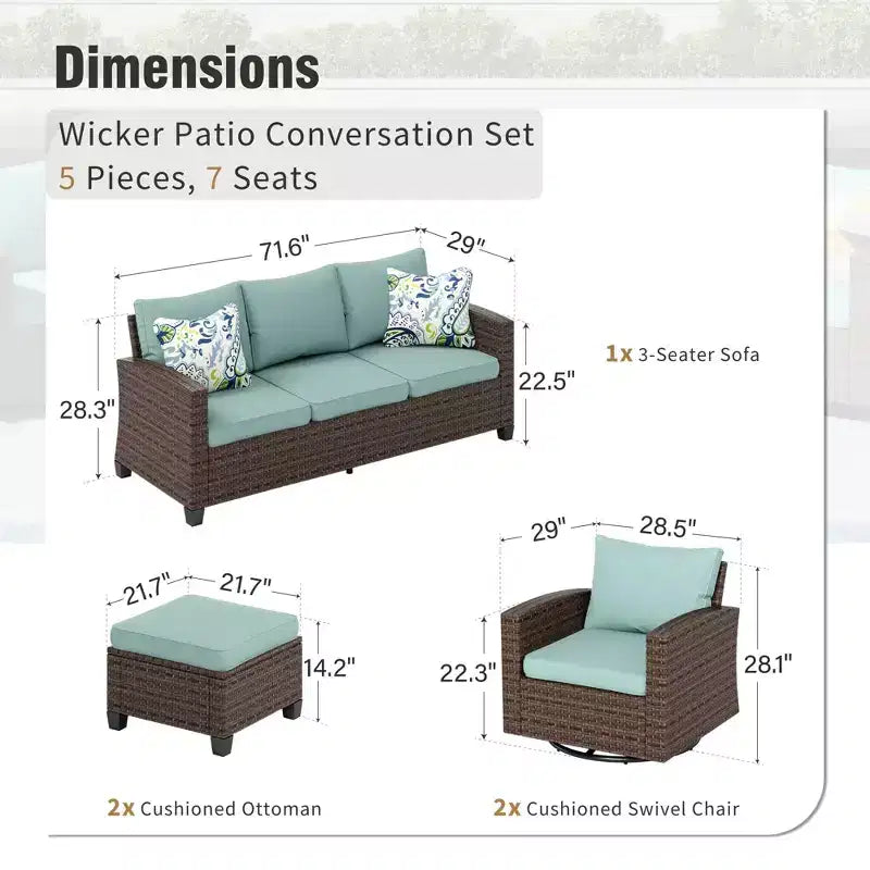Captiva Designs Ensemble de conversation 5 pièces en rotin tressé pour terrasse extérieure avec chaises rembourrées pour jardin, bord de piscine, arrière-cour