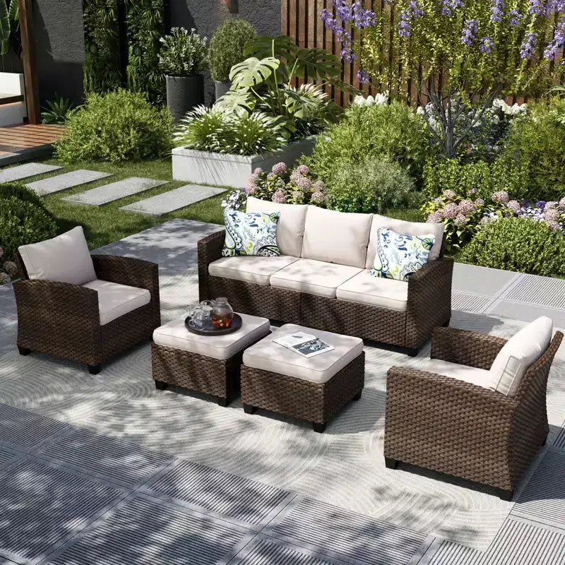 Captiva Designs 5pc Outdoor Patio Wicker Rattan Conversation Set with Cushioned Chairs for Garden Poolside Backyard