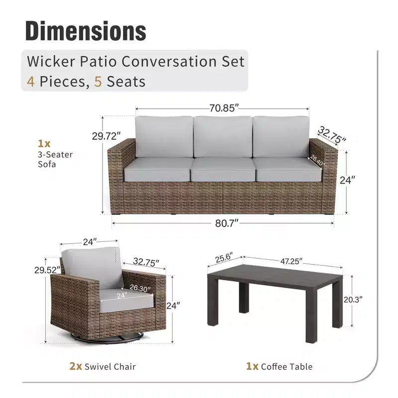 Captiva Designs Ensemble de conversation d'extérieur 4 pièces en osier avec canapé simple pivotant pour terrasse, bord de piscine