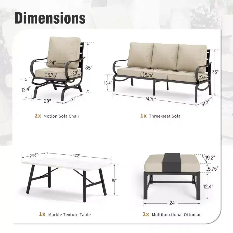 Ensemble de conversation de patio 6 pièces Captiva Designs en métal avec chaises berçantes et poufs pour jardin, véranda et arrière-cour