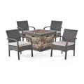 GDFStudio Kilburn Outdoor Wicker 5 Piece Club Chair and Fire Pit Set with Cushion