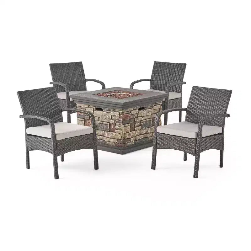 GDFStudio Kilburn Outdoor Wicker 5 Piece Club Chair and Fire Pit Set with Cushion