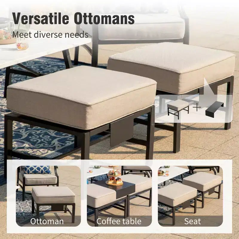 Captiva Designs Salon de jardin 5 pièces en métal avec chaises à bascule à dossier quadrillé et poufs