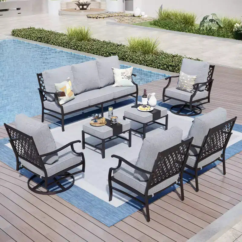 Captiva Designs Ensemble de conversation d'extérieur 7 pièces en métal pour patio avec chaises pivotantes à dossier grillagé, poufs pour jardin, bord de piscine, arrière-cour