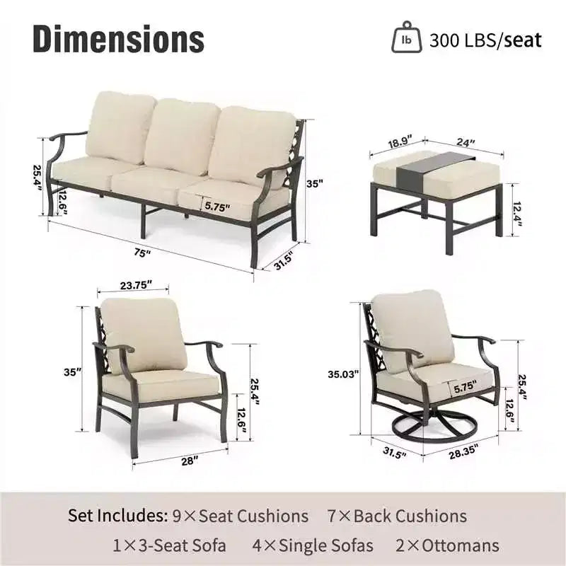 Captiva Designs Ensemble de conversation d'extérieur 7 pièces en métal pour patio avec chaises pivotantes à dossier grillagé, poufs pour jardin, bord de piscine, arrière-cour