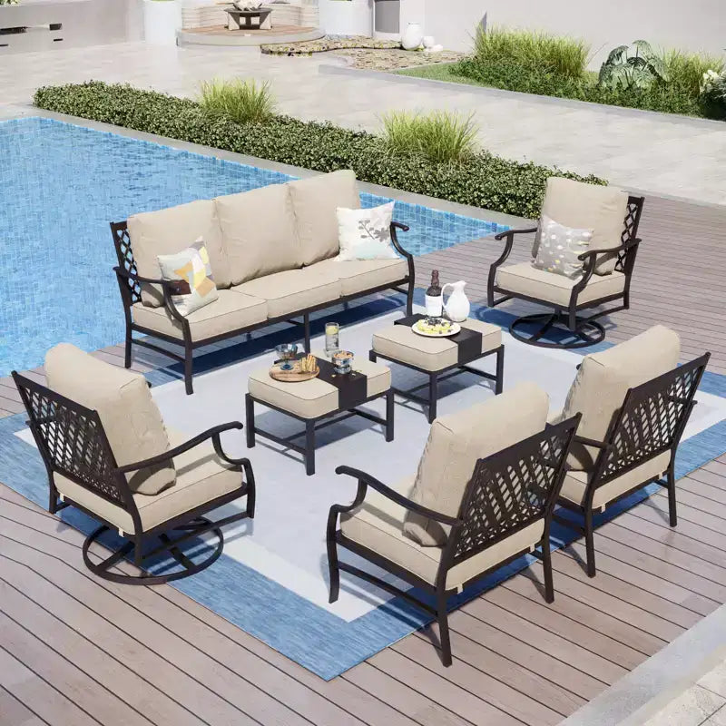 Captiva Designs 7pc Metal Patio Outdoor Conversation Set with Swivel Grid-back Chairs, Ottomans for Garden, Poolside, Backyard