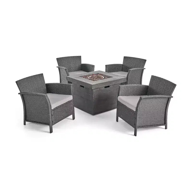 Christopher Knight Home Raina Ensemble salon de jardin 5 pièces en osier avec fauteuils et brasero, et coussins