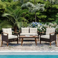 Whisen 4-Piece Weather Resistant Wicker Patio Sofa Set, PE Rattan Outdoor Sectional Sofa Couch Set with Wood Table and Legs, Garden Furniture