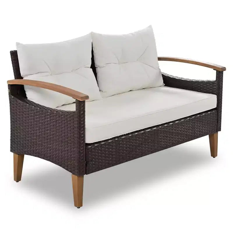 Ensemble de canapé de patio en osier résistant aux intempéries Whisen 4 pièces, canapé d'extérieur sectionnel en rotin PE avec table et pieds en bois, mobilier de jardin