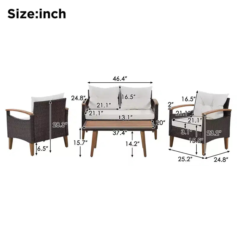 Ensemble de canapé de patio en osier résistant aux intempéries Whisen 4 pièces, canapé d'extérieur sectionnel en rotin PE avec table et pieds en bois, mobilier de jardin