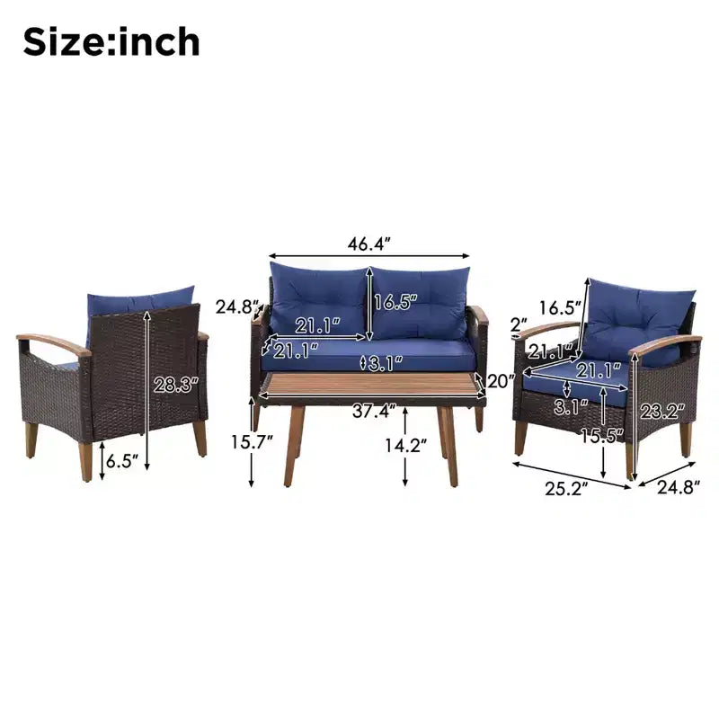 Ensemble de canapé de patio en osier résistant aux intempéries Whisen 4 pièces, canapé d'extérieur sectionnel en rotin PE avec table et pieds en bois, mobilier de jardin