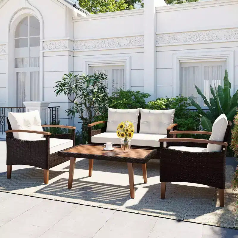 Ensemble de canapé de patio en osier résistant aux intempéries Whisen 4 pièces, canapé d'extérieur sectionnel en rotin PE avec table et pieds en bois, mobilier de jardin