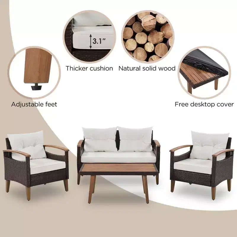 Ensemble de canapé de patio en osier résistant aux intempéries Whisen 4 pièces, canapé d'extérieur sectionnel en rotin PE avec table et pieds en bois, mobilier de jardin