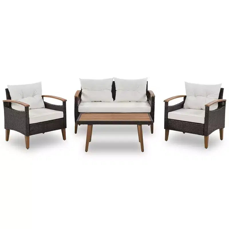 Ensemble de canapé de patio en osier résistant aux intempéries Whisen 4 pièces, canapé d'extérieur sectionnel en rotin PE avec table et pieds en bois, mobilier de jardin