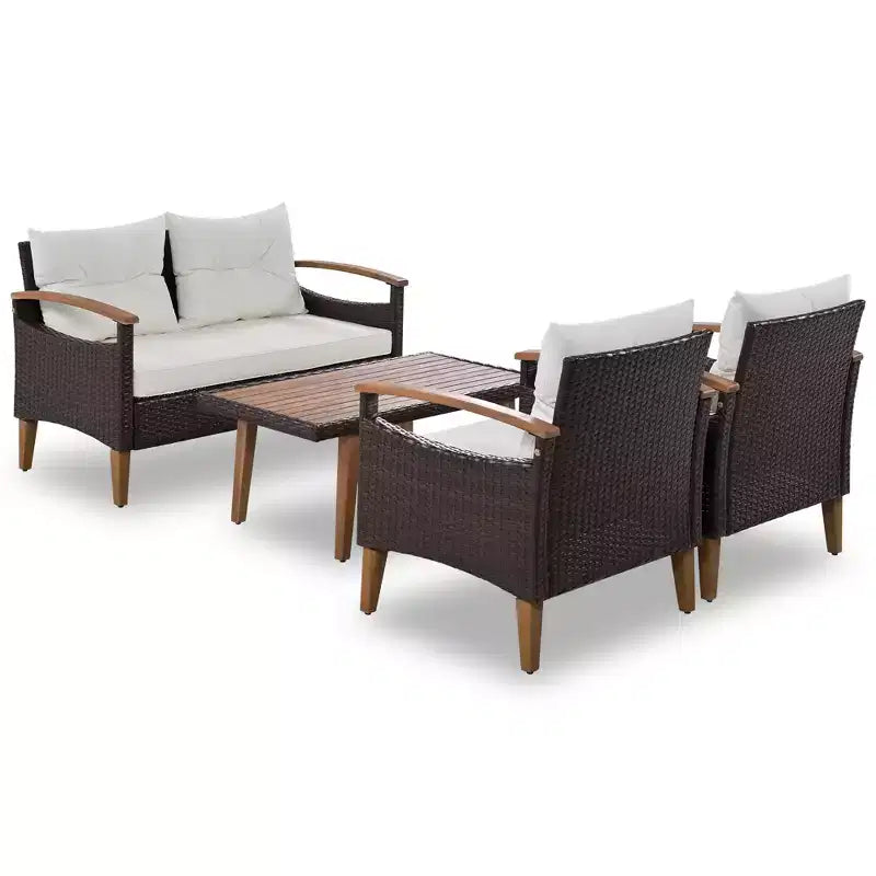 Ensemble de canapé de patio en osier résistant aux intempéries Whisen 4 pièces, canapé d'extérieur sectionnel en rotin PE avec table et pieds en bois, mobilier de jardin