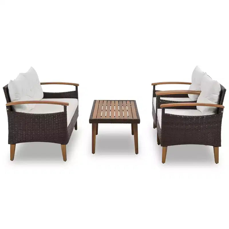 Ensemble de canapé de patio en osier résistant aux intempéries Whisen 4 pièces, canapé d'extérieur sectionnel en rotin PE avec table et pieds en bois, mobilier de jardin